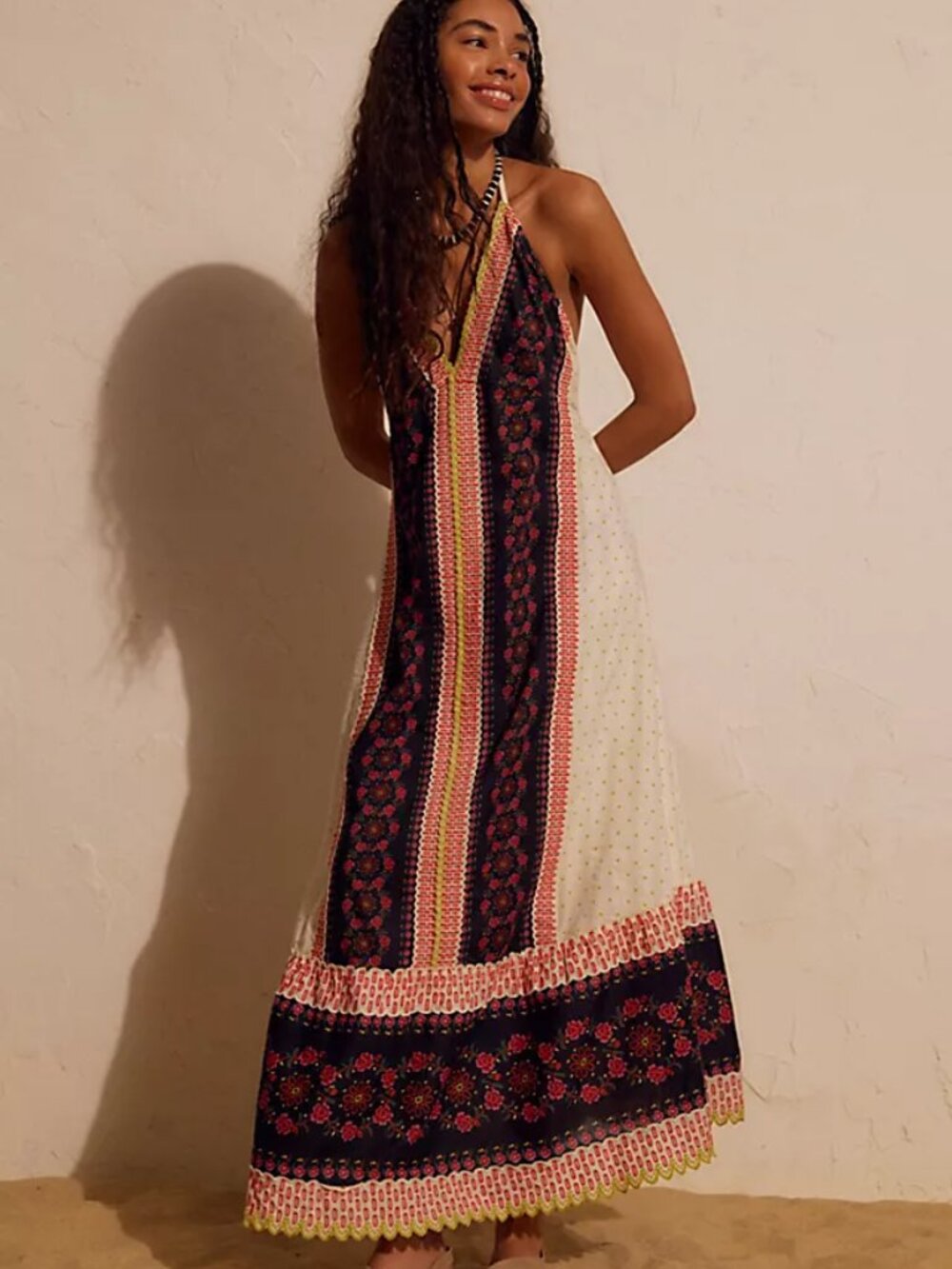 Free People Cubana Border Print Chiffon Halter Maxi Dress – Ivory Combo – Size S